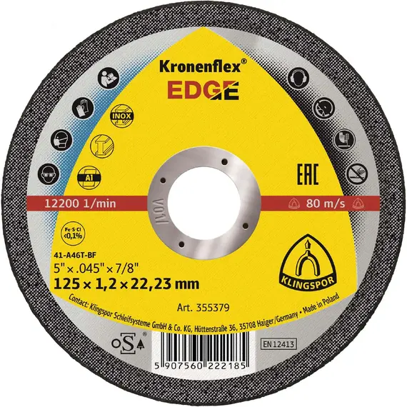Disc debitare inox KLINGSPOR 355379, Kronenflex Edge, 125 x 1.2 x 22.23 mm