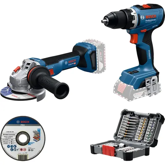 Set masina de gaurit si insurubat BOSCH GSR 18V-65 si polizor unghiular GWS 18V-11 cu accesorii (0615A50091)