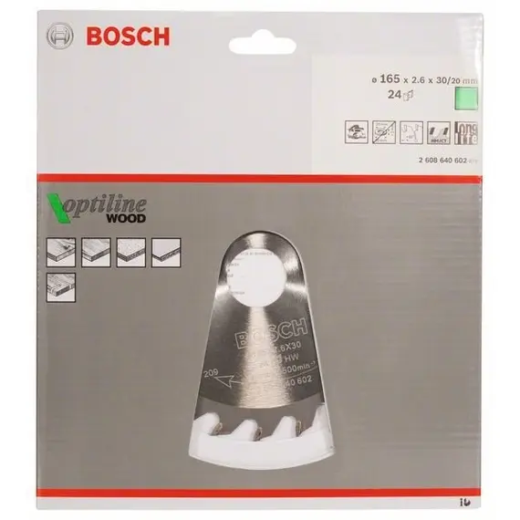 Disc circular pentru lemn BOSCH Optiline Wood, 165 x 30 x 2.6 mm, 24T (2608640602)