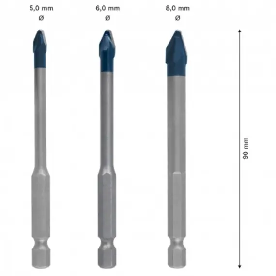 Set 3 burghie pentru placi ceramice BOSCH HEX-9 HardCeramic, 5/6/8 mm, Lungime 90 mm (2608900595)