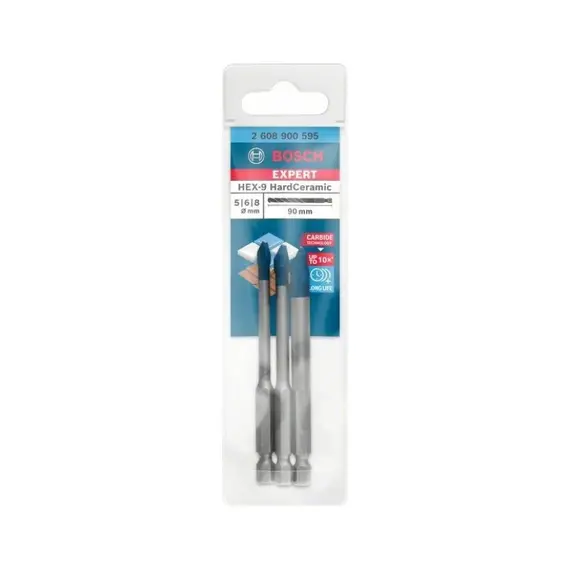 Set 3 burghie pentru placi ceramice BOSCH HEX-9 HardCeramic, 5/6/8 mm, Lungime 90 mm (2608900595)