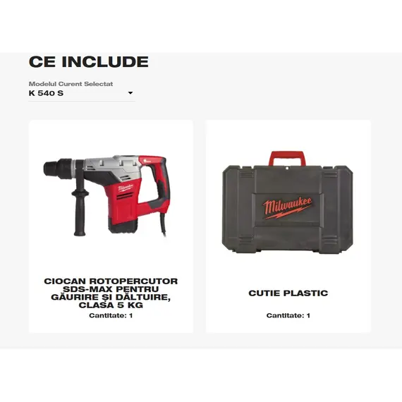 Ciocan rotopercutor Milwaukee K 540 S, SDS Max, 1100W, Lungime cablu 4m (4933418100)