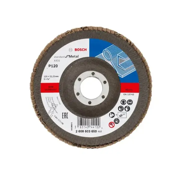 Disc evantai degajare lamelar BOSCH X431, 125 x 22.23 mm, Granulatie 120 (2608603659)
