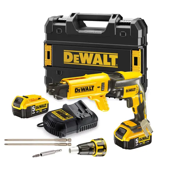 Set masina de insurubat pentru gips-carton DeWalt DCF620P2K-QW cu 2 acumulatori 5 Ah si incarcator