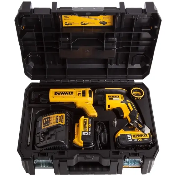Set masina de insurubat pentru gips-carton DeWalt DCF620P2K-QW cu 2 acumulatori 5 Ah si incarcator